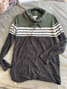 Market & Spruce Olive Green, White & Charcoal Striped Cowl Neck Sweater